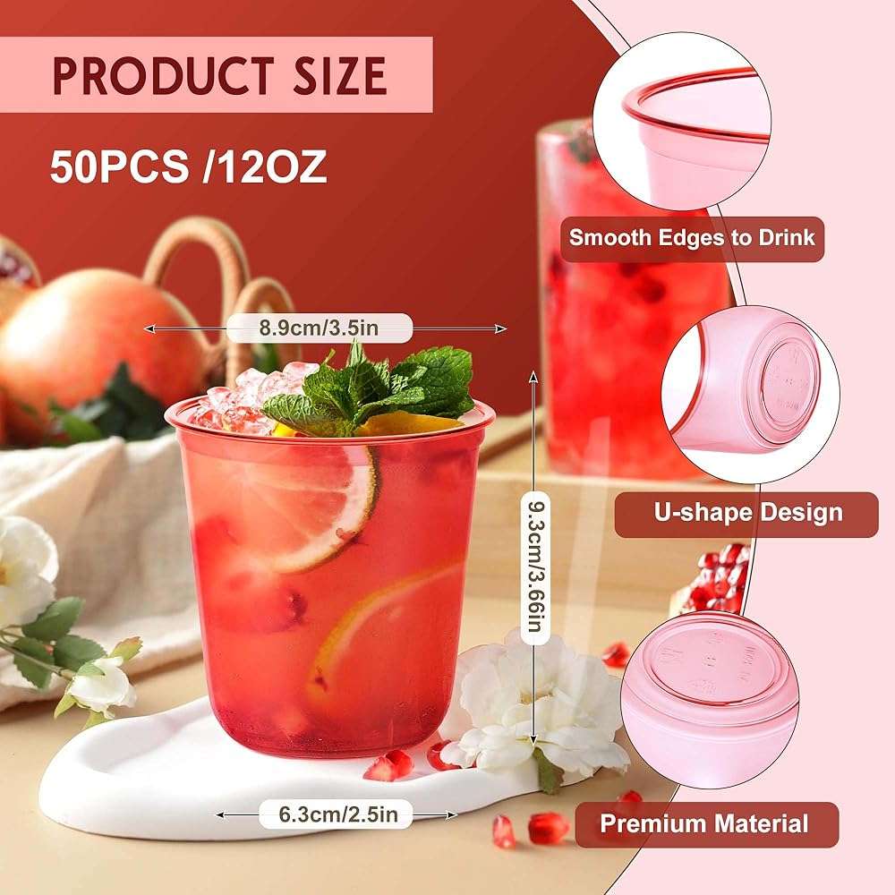 KesaPlan 50 Pcs Red Clear Plastic Cups for Party, 12 oz Disposable Stemless Wine Glasses, Cute Round Bottom Plastic Cocktail Cups for Christmas Valentine's Day Mother's Day Birthday Wedding Party - Image 3