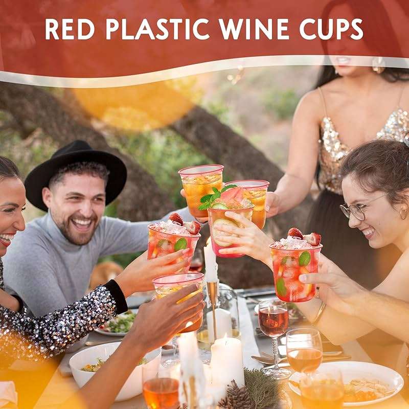 KesaPlan 50 Pcs Red Clear Plastic Cups for Party, 12 oz Disposable Stemless Wine Glasses, Cute Round Bottom Plastic Cocktail Cups for Christmas Valentine's Day Mother's Day Birthday Wedding Party - Image 8