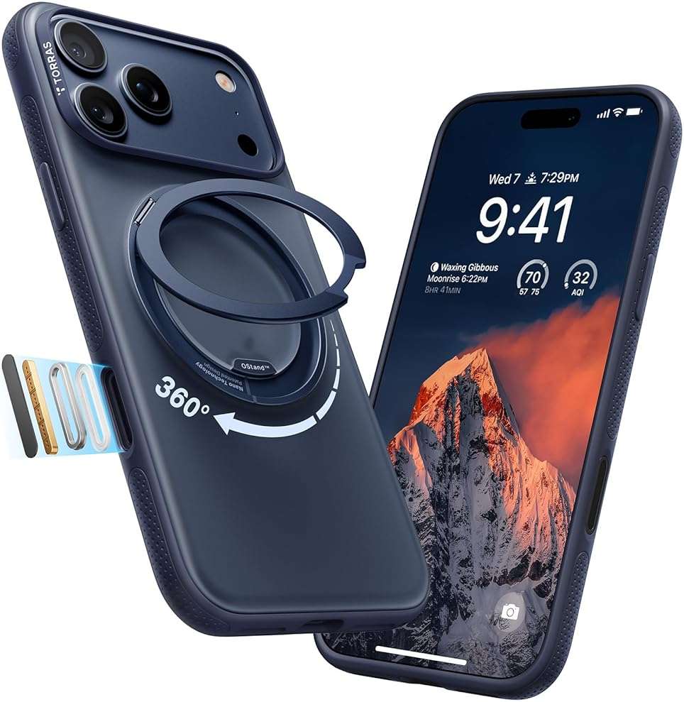 TORRAS for iPhone 17 Pro Max Case, 360 Magnetic Stand, [Fit for MagSafe] [4X Military-Grade Protection] Slim Case for iPhone 17 Pro Max phone case,6.9", Translucent Deep Blue, Ostand O3 Fitness Series - Image 1
