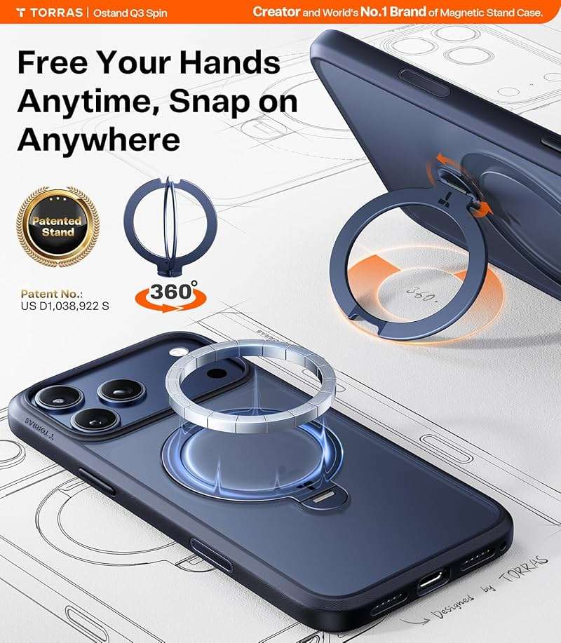 TORRAS Q3 Spin for iPhone 17 Pro Max Case with 360 Magnetic Stand, Camera Control, Fit for MagSafe, 4X Military-Grade Shockproof Case for iPhone 17 Pro Max Phone Case with Kickstand, Deep Blue - Image 2