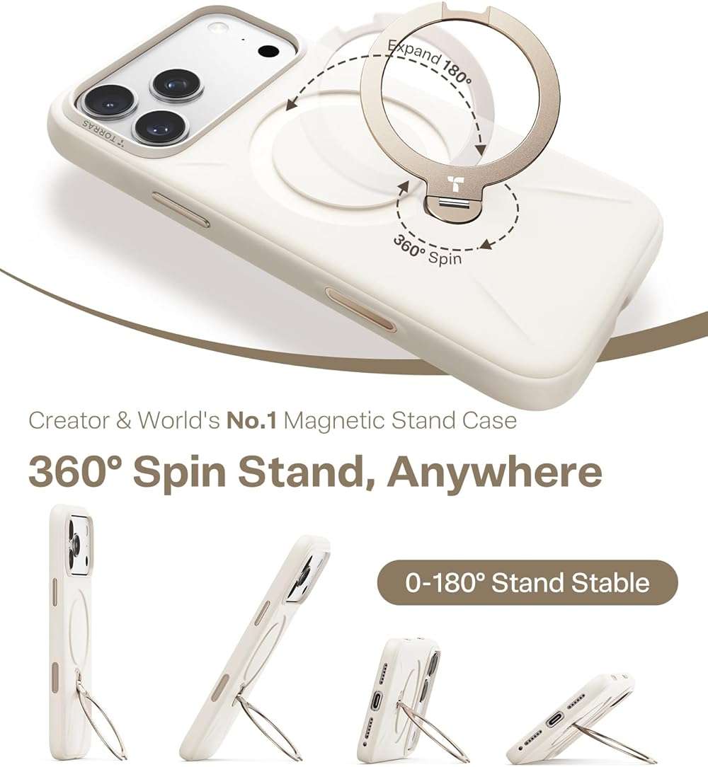 TORRAS Q3 Silicone for iPhone 17 Pro Max Case Stand, Fit for MagSafe, Liquid Silicone Soft Cozy Grip, 360 Spin Magnetic Stand, Camera Control, Protective for iPhone 17 Pro Max Phone Case, Ivory Gold - Image 2