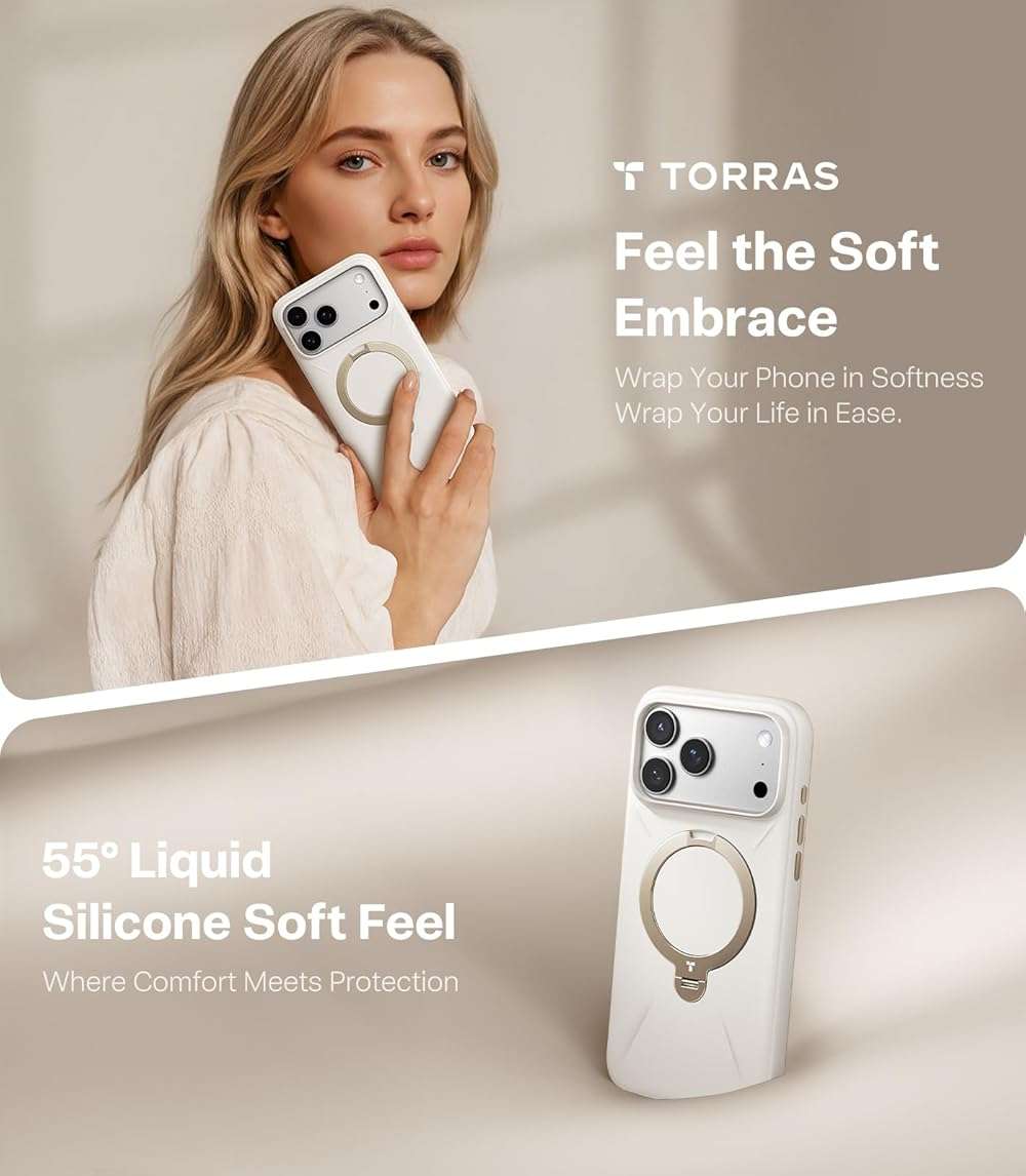 TORRAS Q3 Silicone for iPhone 17 Pro Max Case Stand, Fit for MagSafe, Liquid Silicone Soft Cozy Grip, 360 Spin Magnetic Stand, Camera Control, Protective for iPhone 17 Pro Max Phone Case, Ivory Gold - Image 3