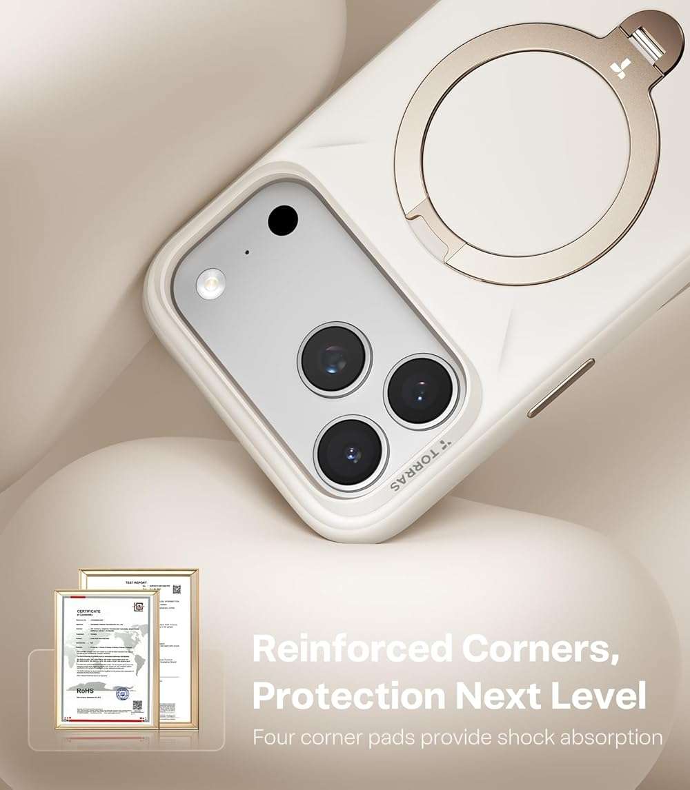 TORRAS Q3 Silicone for iPhone 17 Pro Max Case Stand, Fit for MagSafe, Liquid Silicone Soft Cozy Grip, 360 Spin Magnetic Stand, Camera Control, Protective for iPhone 17 Pro Max Phone Case, Ivory Gold - Image 5