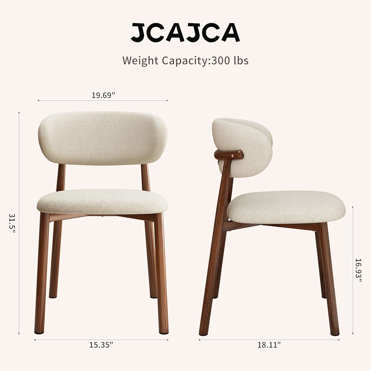 JCAJCA Kitchen Dining Chairs Set of 2 Modern Soft Linen Farmhouse Dining Room Chair with Metal Legs, Beige/Walnut - Image 2