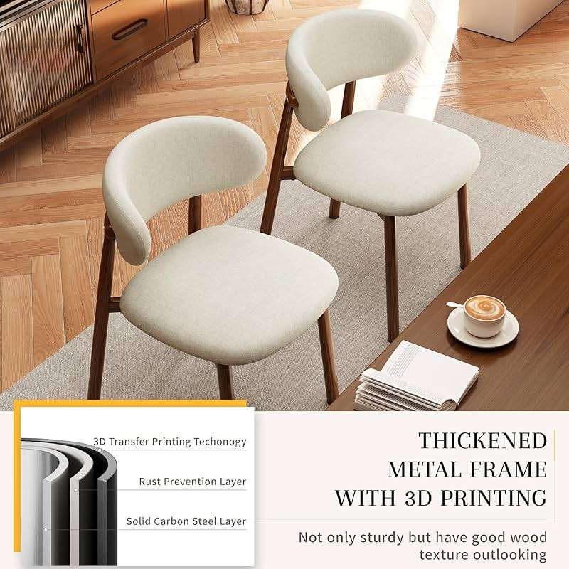 JCAJCA Kitchen Dining Chairs Set of 2 Modern Soft Linen Farmhouse Dining Room Chair with Metal Legs, Beige/Walnut - Image 4
