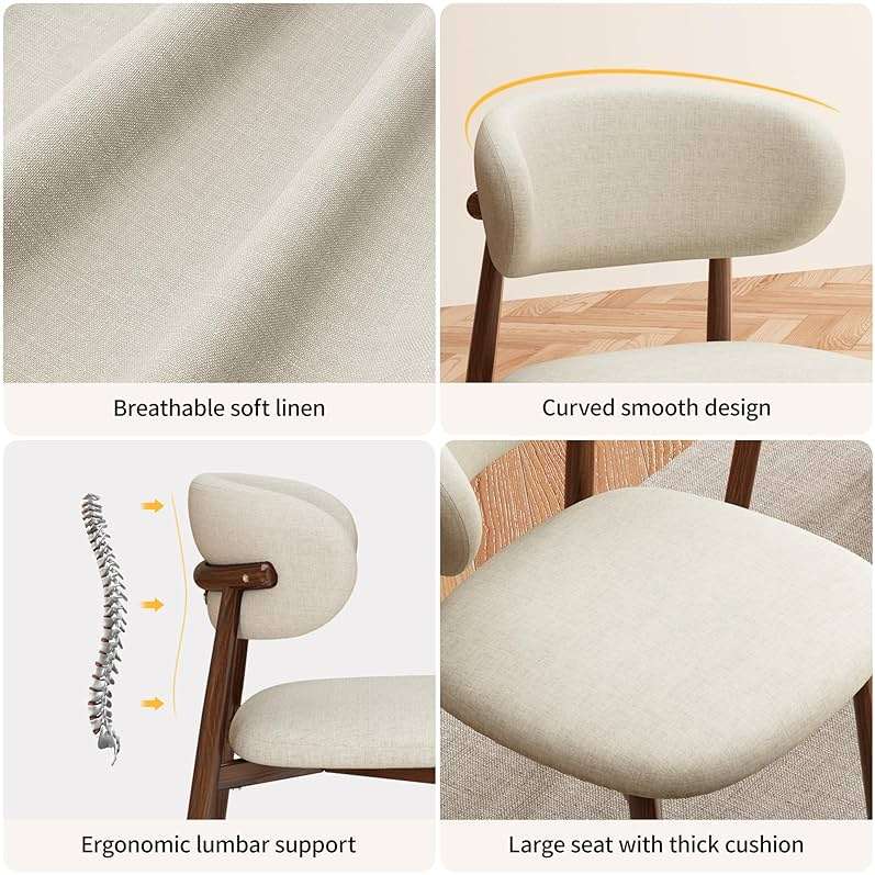 JCAJCA Kitchen Dining Chairs Set of 2 Modern Soft Linen Farmhouse Dining Room Chair with Metal Legs, Beige/Walnut - Image 6