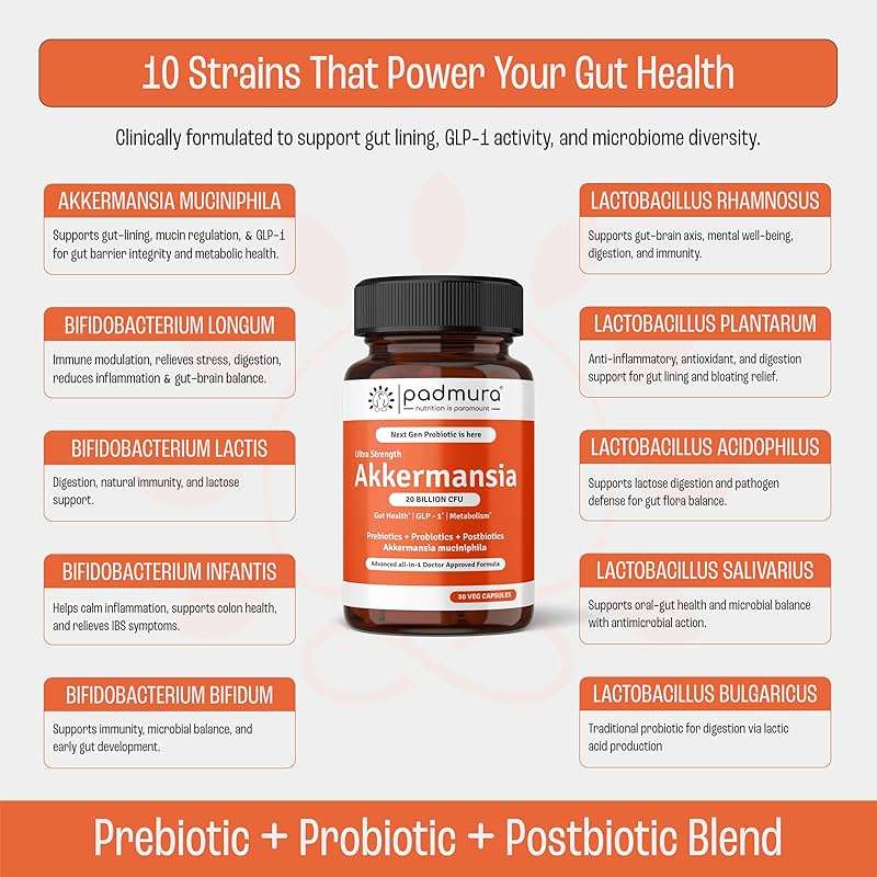 PADMURA Akkermansia Muciniphila Probiotic Supplement - 20 Billion CFU | 30 Veg Capsules | Prebiotic + Probiotic + Postbiotic Blend | Increases GLP-1 Production | Supports Digestion & Gut Health - Image 6