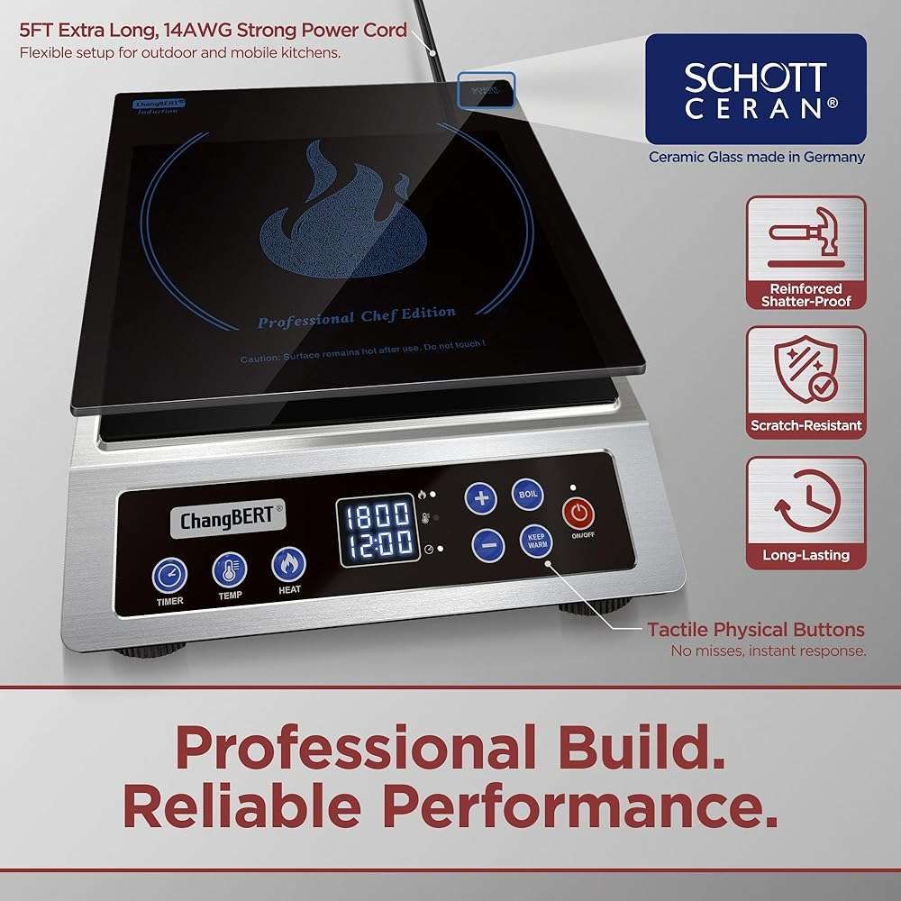ChangBERT Induction Cooktop NSF Certified Professional Chef Edition Stove, 1800W Commercial Induction Burner with Schott Glass, Large Heating Coil Electric Hot Plate for Restaurant Hotel Food Station - Image 5