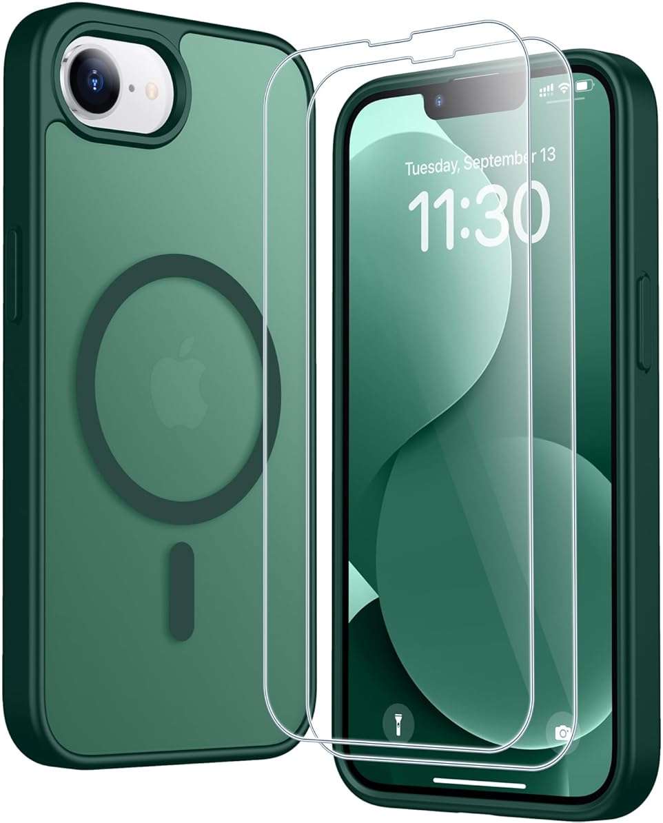 SPIDERCASE for iPhone 16e Case for iPhone 17e Case, Magnetic Translucent Matte Case with 2PCS Tempered Glass Screen Protector Slim Phone Case for iPhone 16E/17E 6.1'',Forest Green - Image 1