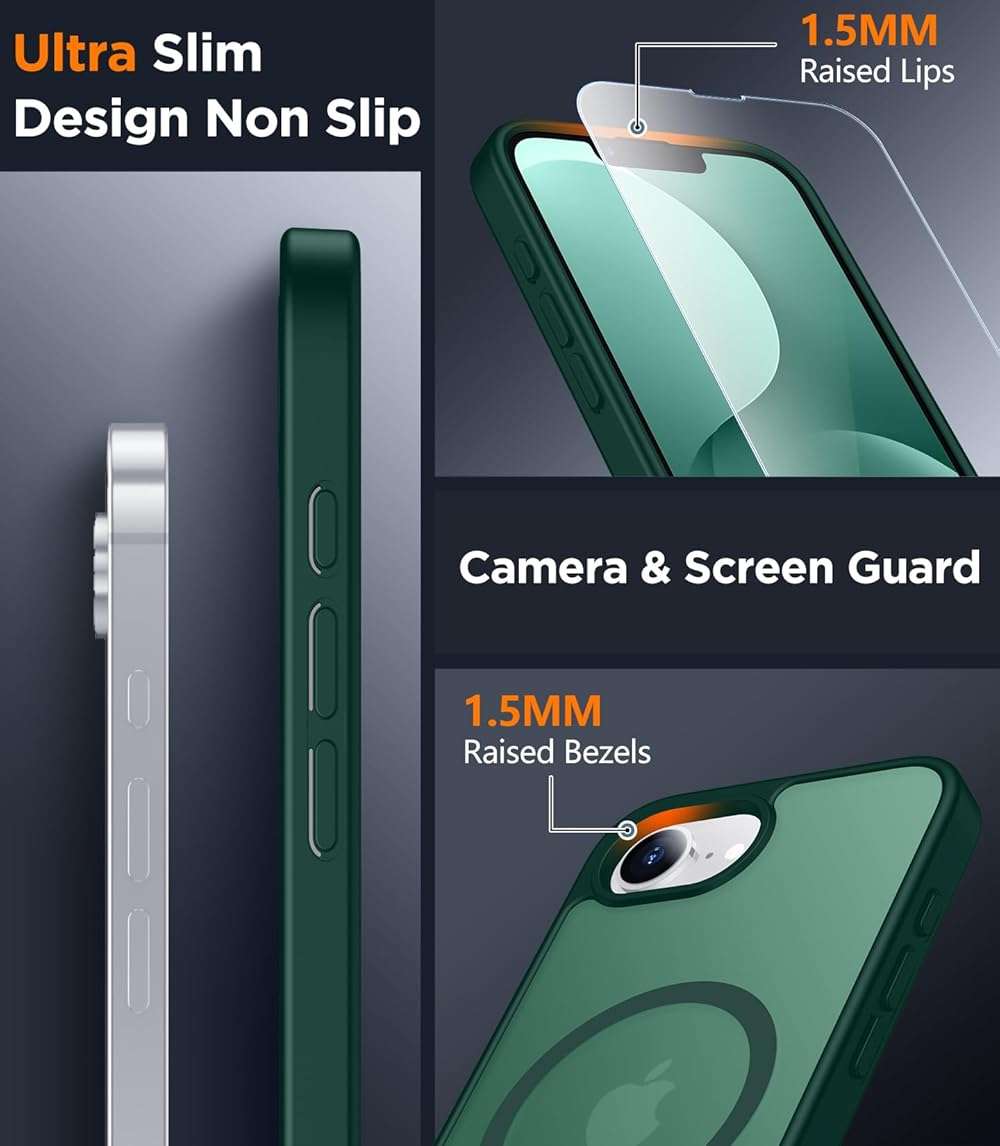 SPIDERCASE for iPhone 16e Case for iPhone 17e Case, Magnetic Translucent Matte Case with 2PCS Tempered Glass Screen Protector Slim Phone Case for iPhone 16E/17E 6.1'',Forest Green - Image 4