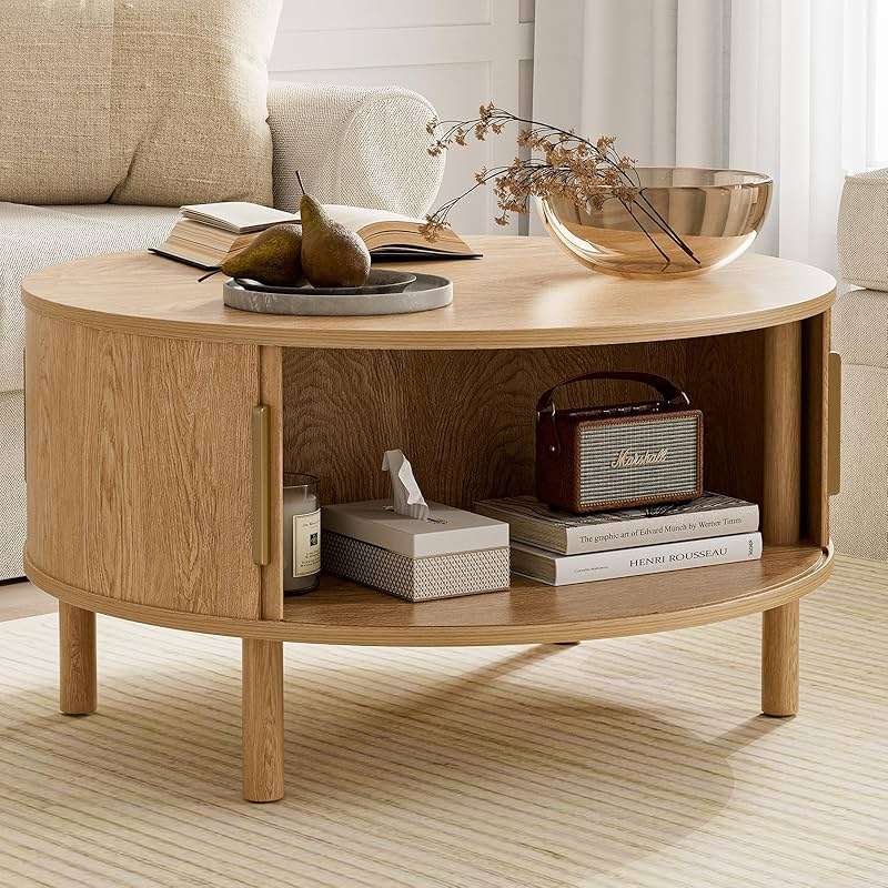 ZttRiee Coffee Table for Living Room, Modern Round Coffee Table with Cabinets & Sliding Doors, Home Small Space, 29.9" Fluted Center Table, Natual - Image 2