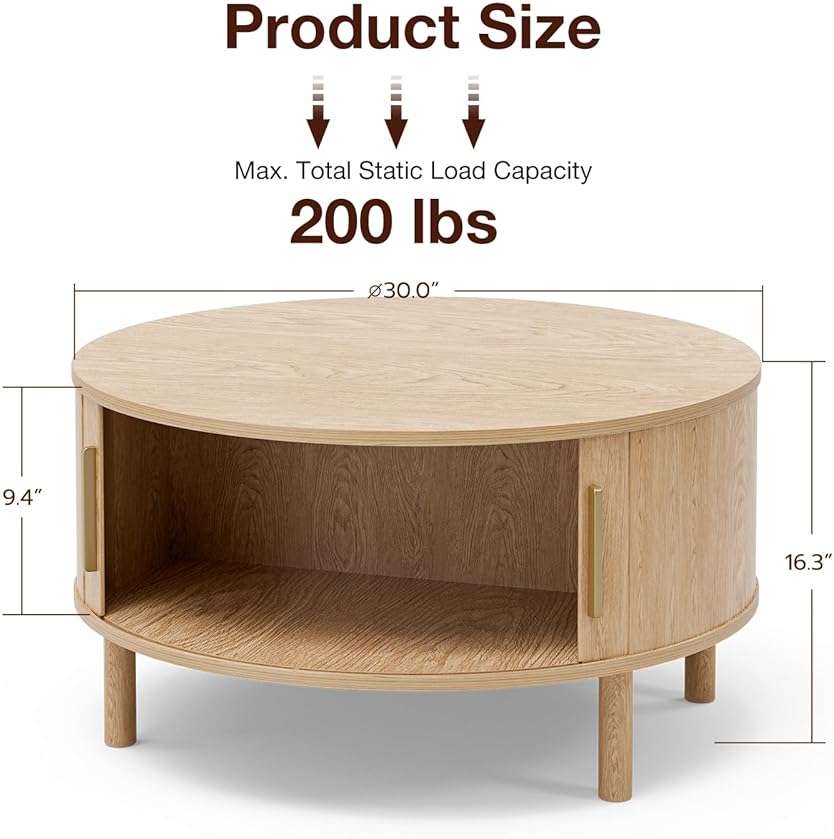 ZttRiee Coffee Table for Living Room, Modern Round Coffee Table with Cabinets & Sliding Doors, Home Small Space, 29.9" Fluted Center Table, Natual - Image 3