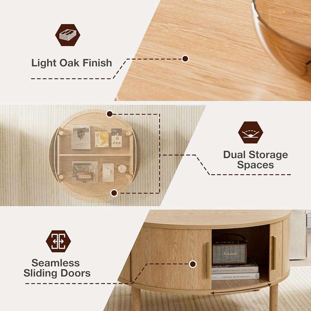 ZttRiee Coffee Table for Living Room, Modern Round Coffee Table with Cabinets & Sliding Doors, Home Small Space, 29.9" Fluted Center Table, Natual - Image 4