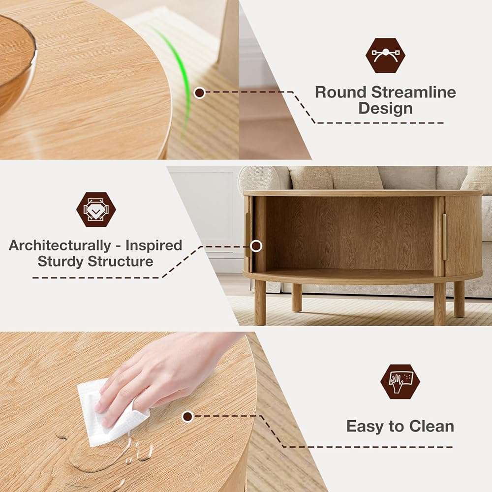 ZttRiee Coffee Table for Living Room, Modern Round Coffee Table with Cabinets & Sliding Doors, Home Small Space, 29.9" Fluted Center Table, Natual - Image 5