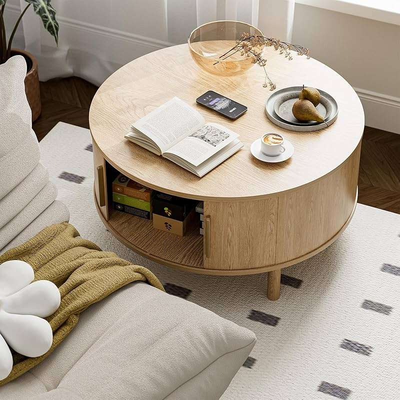 ZttRiee Coffee Table for Living Room, Modern Round Coffee Table with Cabinets & Sliding Doors, Home Small Space, 29.9" Fluted Center Table, Natual - Image 6