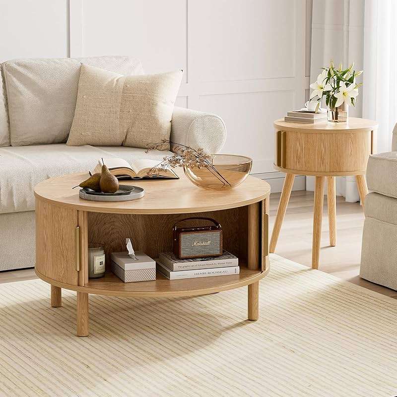 ZttRiee Coffee Table for Living Room, Modern Round Coffee Table with Cabinets & Sliding Doors, Home Small Space, 29.9" Fluted Center Table, Natual - Image 7