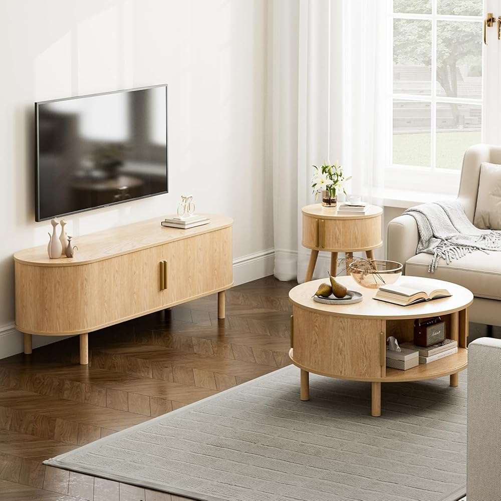 ZttRiee Coffee Table for Living Room, Modern Round Coffee Table with Cabinets & Sliding Doors, Home Small Space, 29.9" Fluted Center Table, Natual - Image 8