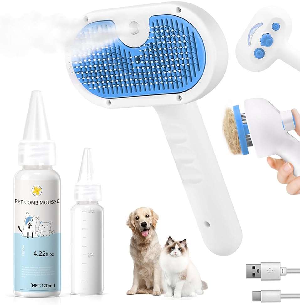 Pet Steam Brush for Dog & Cat - 3-in-1 Steam Grooming Brush for Shedding & Hair Removal - Self Cleaning Spray Comb with Mist for Long Haired Pets - Includes 1*Waterless Shampoo, Blue. - Image 1