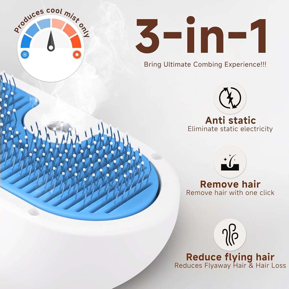 Pet Steam Brush for Dog & Cat - 3-in-1 Steam Grooming Brush for Shedding & Hair Removal - Self Cleaning Spray Comb with Mist for Long Haired Pets - Includes 1*Waterless Shampoo, Blue. - Image 2
