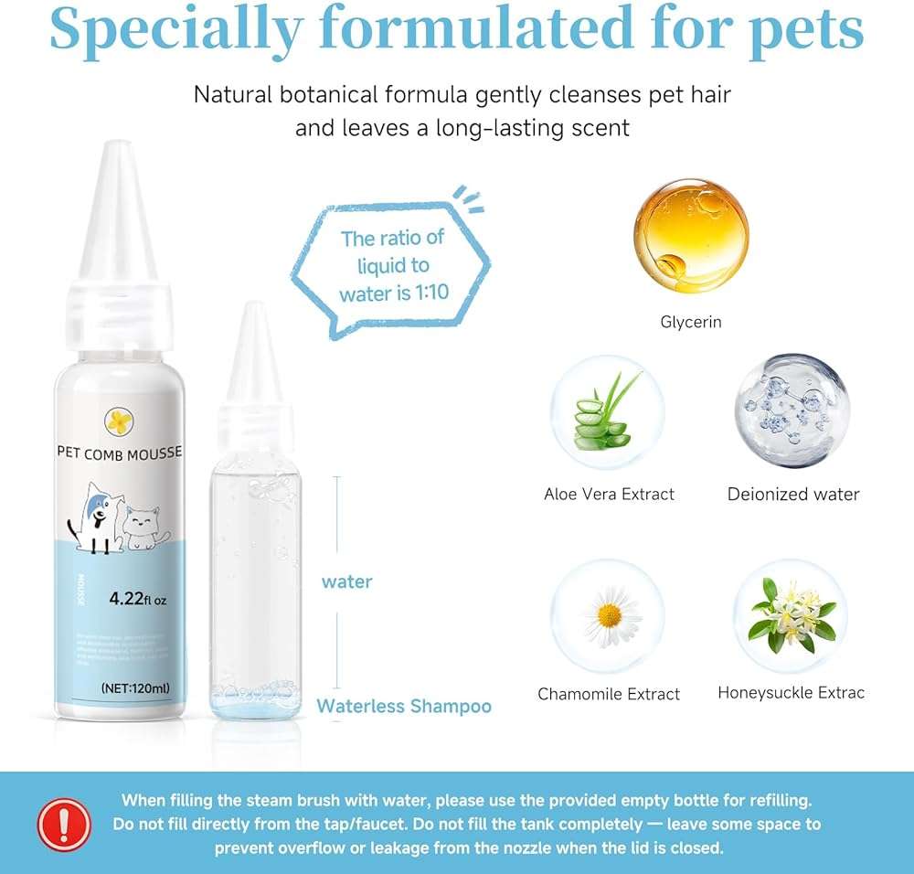 Pet Steam Brush for Dog & Cat - 3-in-1 Steam Grooming Brush for Shedding & Hair Removal - Self Cleaning Spray Comb with Mist for Long Haired Pets - Includes 1*Waterless Shampoo, Blue. - Image 3