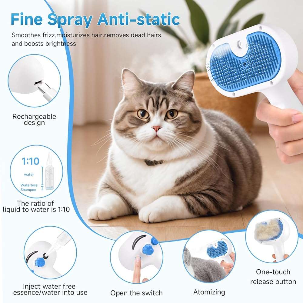 Pet Steam Brush for Dog & Cat - 3-in-1 Steam Grooming Brush for Shedding & Hair Removal - Self Cleaning Spray Comb with Mist for Long Haired Pets - Includes 1*Waterless Shampoo, Blue. - Image 7