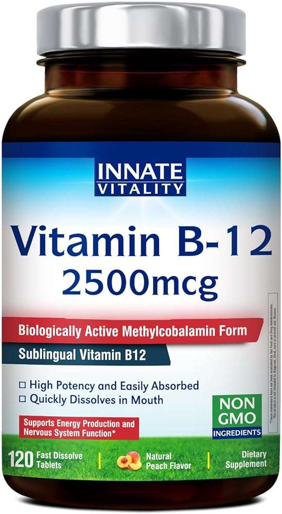 Innate Vitality Vitamin B12 2500mcg, Sublingual Methylcobalamin, Extra Strength for Energy Metabolism, Mental Clarity, Nervous System Health, Peach Flavor, Zero Sugar, 120 Fast Dissolve Tablets - Image 1