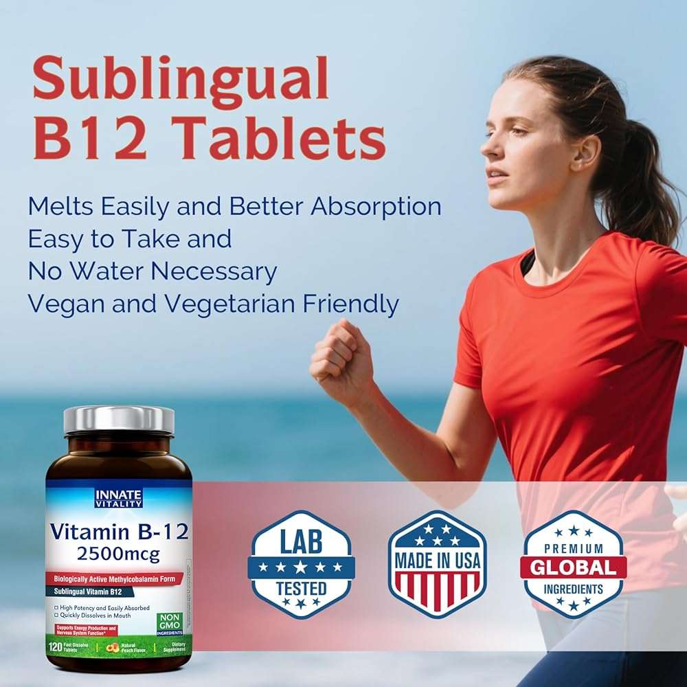 Innate Vitality Vitamin B12 2500mcg, Sublingual Methylcobalamin, Extra Strength for Energy Metabolism, Mental Clarity, Nervous System Health, Peach Flavor, Zero Sugar, 120 Fast Dissolve Tablets - Image 5