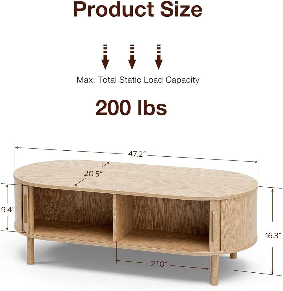ZttRiee Coffee Table for Living Room, Modern Oval Coffee Table with Cabinets & Sliding Doors, Home Small Space, 47.2" Fluted Center Table, Natual - Image 3