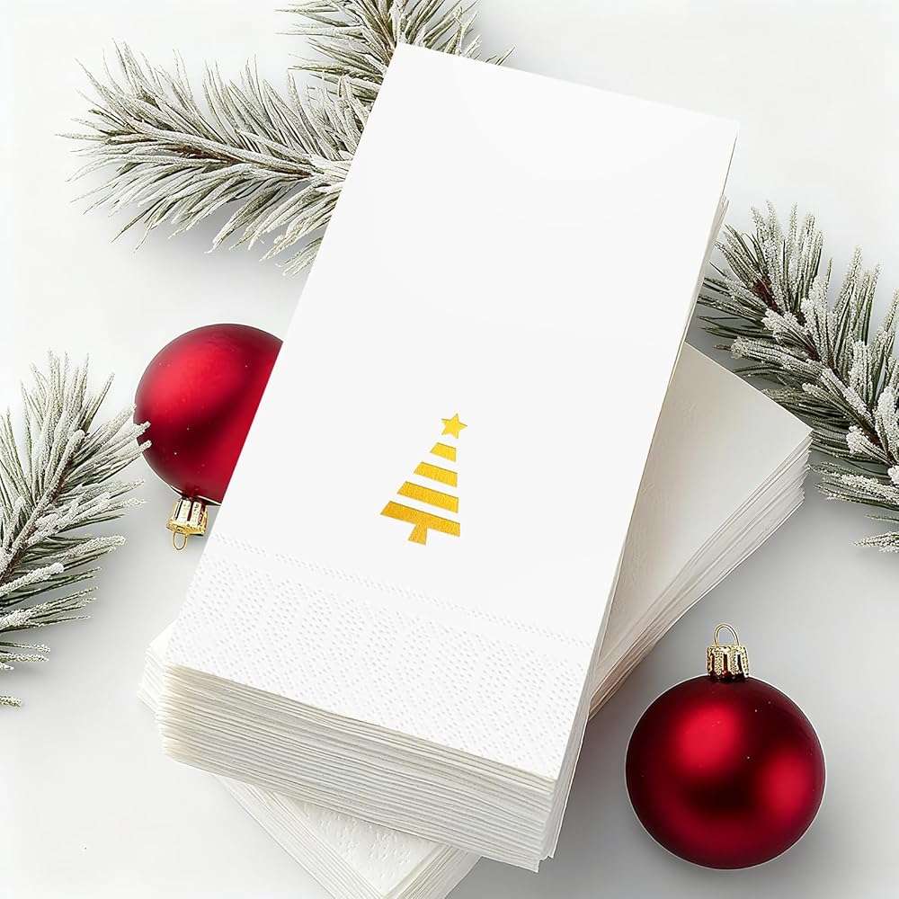 Tbsone Christmas Paper Napkins Disposable: Guest Dinner Hand Towels, Gold Foil Christmas Trees Design for Table Decor, Bathroom, Home, Kitchen, Holiday Cocktail Party (50 Pack) - Image 1