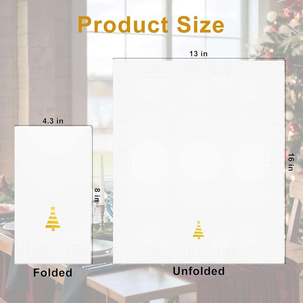 Tbsone Christmas Paper Napkins Disposable: Guest Dinner Hand Towels, Gold Foil Christmas Trees Design for Table Decor, Bathroom, Home, Kitchen, Holiday Cocktail Party (50 Pack) - Image 2