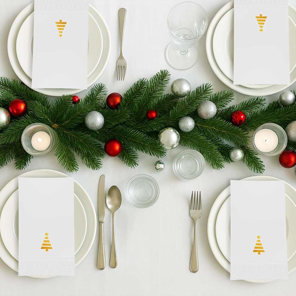 Tbsone Christmas Paper Napkins Disposable: Guest Dinner Hand Towels, Gold Foil Christmas Trees Design for Table Decor, Bathroom, Home, Kitchen, Holiday Cocktail Party (50 Pack) - Image 3