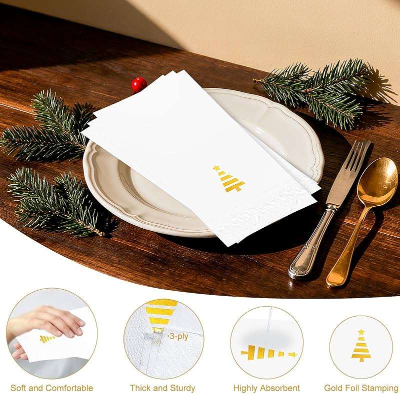 Tbsone Christmas Paper Napkins Disposable: Guest Dinner Hand Towels, Gold Foil Christmas Trees Design for Table Decor, Bathroom, Home, Kitchen, Holiday Cocktail Party (50 Pack) - Image 4