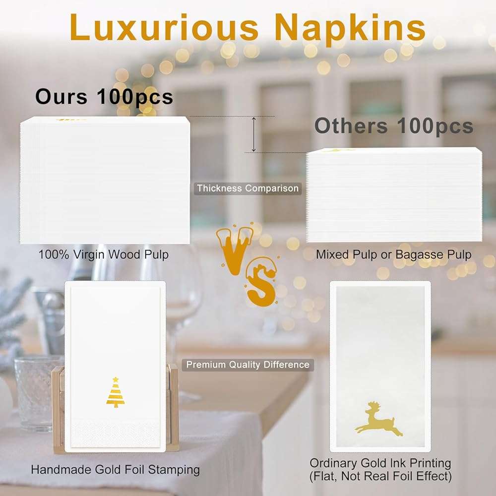 Tbsone Christmas Paper Napkins Disposable: Guest Dinner Hand Towels, Gold Foil Christmas Trees Design for Table Decor, Bathroom, Home, Kitchen, Holiday Cocktail Party (50 Pack) - Image 7