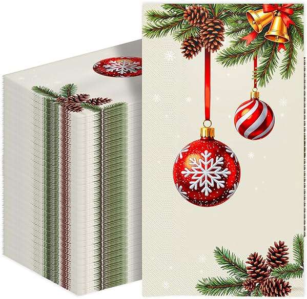 Tbsone Christmas Paper Napkins Disposable: Guest Dinner Hand Towels, Xmas Balls Design for Table Decor, Bathroom, Home, Kitchen, Holiday Cocktail Party (Christmas Classic) - Image 1
