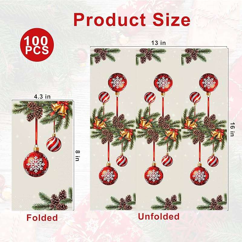 Tbsone Christmas Paper Napkins Disposable: Guest Dinner Hand Towels, Xmas Balls Design for Table Decor, Bathroom, Home, Kitchen, Holiday Cocktail Party (Christmas Classic) - Image 2