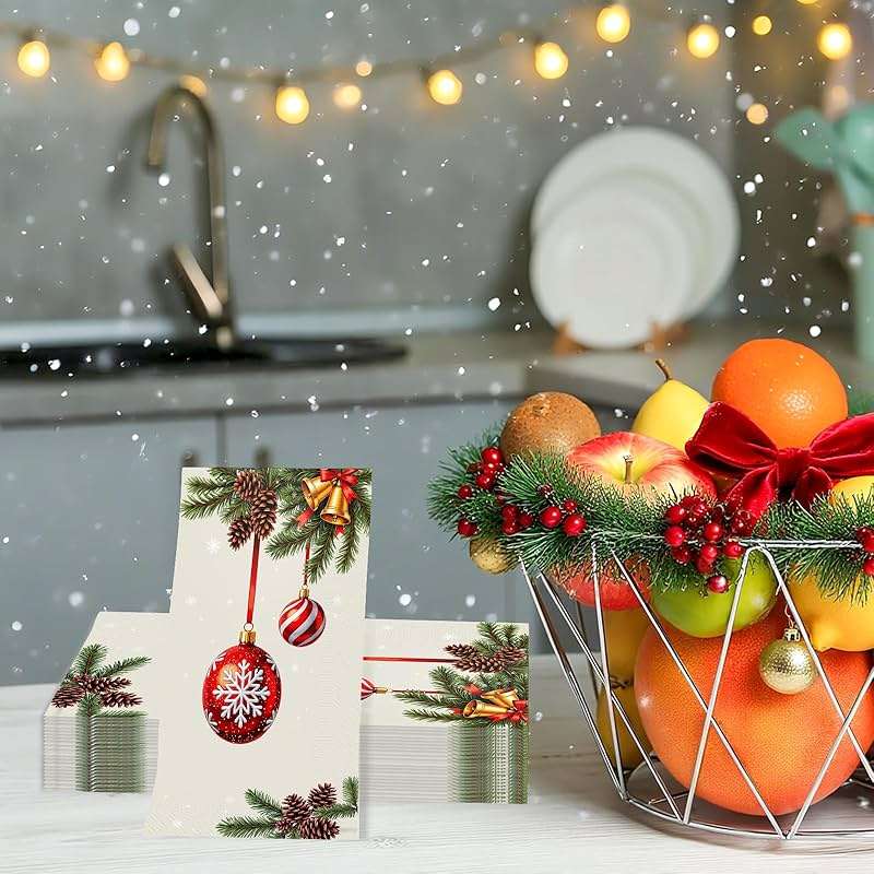 Tbsone Christmas Paper Napkins Disposable: Guest Dinner Hand Towels, Xmas Balls Design for Table Decor, Bathroom, Home, Kitchen, Holiday Cocktail Party (Christmas Classic) - Image 6