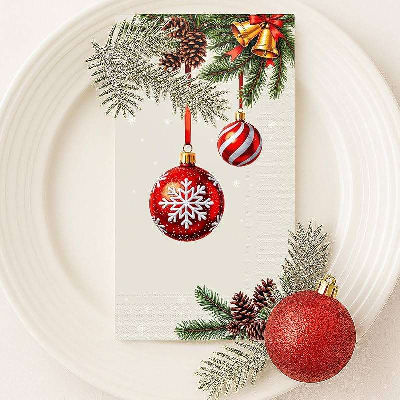Tbsone Christmas Paper Napkins Disposable: Guest Dinner Hand Towels, Xmas Balls Design for Table Decor, Bathroom, Home, Kitchen, Holiday Cocktail Party (Christmas Classic) - Image 7