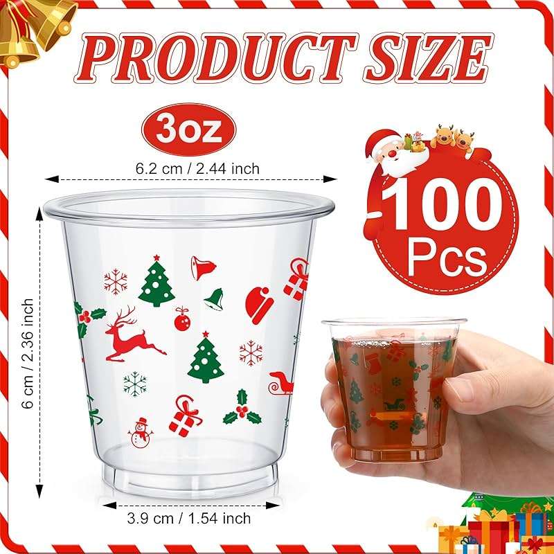 Jingmore 100 Pcs 3 oz 4th of July Patriotic Mini Shot Cups, Blue Disposable Plastic Small Shot Glasses for Independence Day 250th Anniversary, Drinking, Tasting, Samples Serving Cup(Christmas) - Image 3