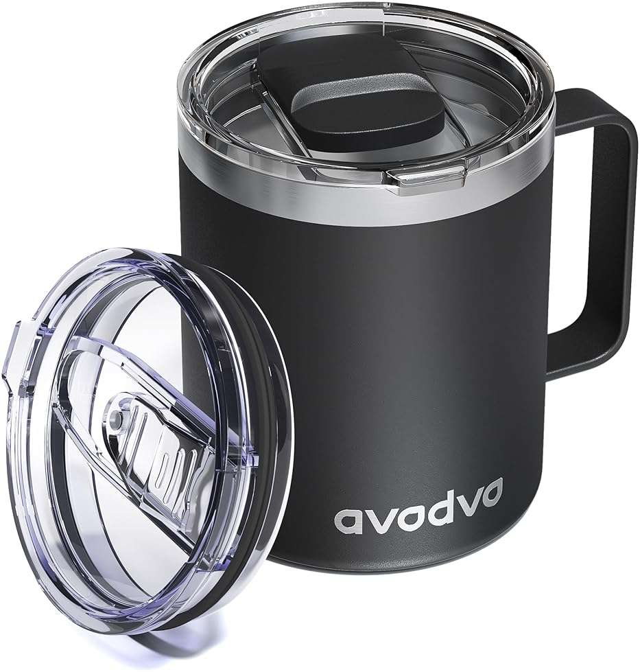 avodvo 12oz Insulated Coffee Mug with Lid – Includes Two Lids, Stainless Steel Coffee Travel Mug with Handle, Double Wall Vacuum Insulated Camping Mug for Home, Office & Outdoor, Black - Image 1