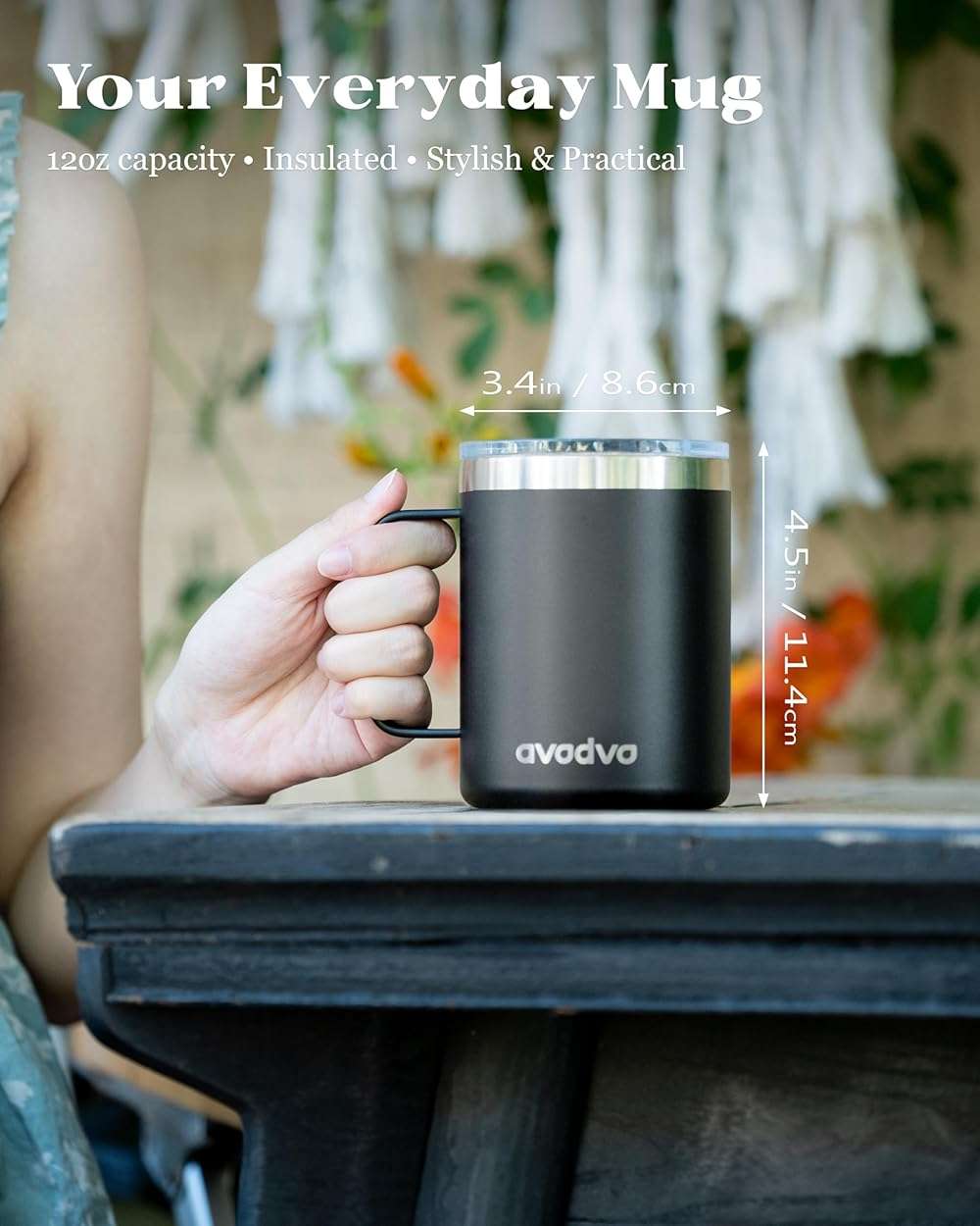 avodvo 12oz Insulated Coffee Mug with Lid – Includes Two Lids, Stainless Steel Coffee Travel Mug with Handle, Double Wall Vacuum Insulated Camping Mug for Home, Office & Outdoor, Black - Image 2