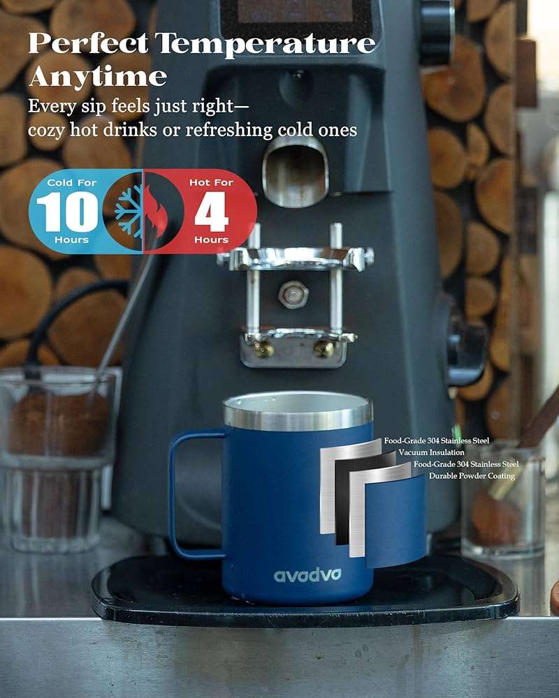 avodvo 12oz Insulated Coffee Mug with Lid – Includes Two Lids, Stainless Steel Coffee Travel Mug with Handle, Double Wall Vacuum Insulated Camping Mug for Home, Office & Outdoor, Black - Image 3