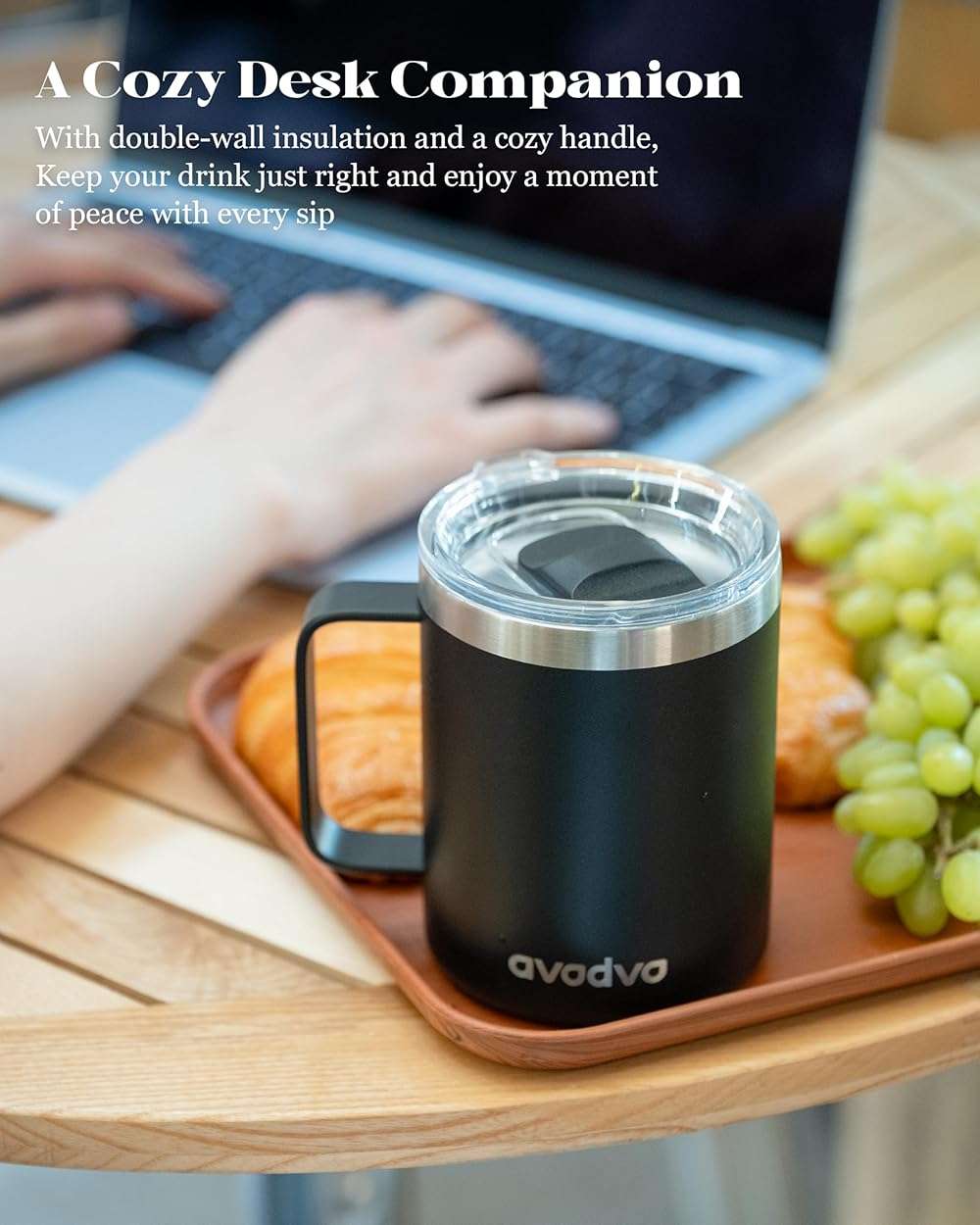 avodvo 12oz Insulated Coffee Mug with Lid – Includes Two Lids, Stainless Steel Coffee Travel Mug with Handle, Double Wall Vacuum Insulated Camping Mug for Home, Office & Outdoor, Black - Image 4