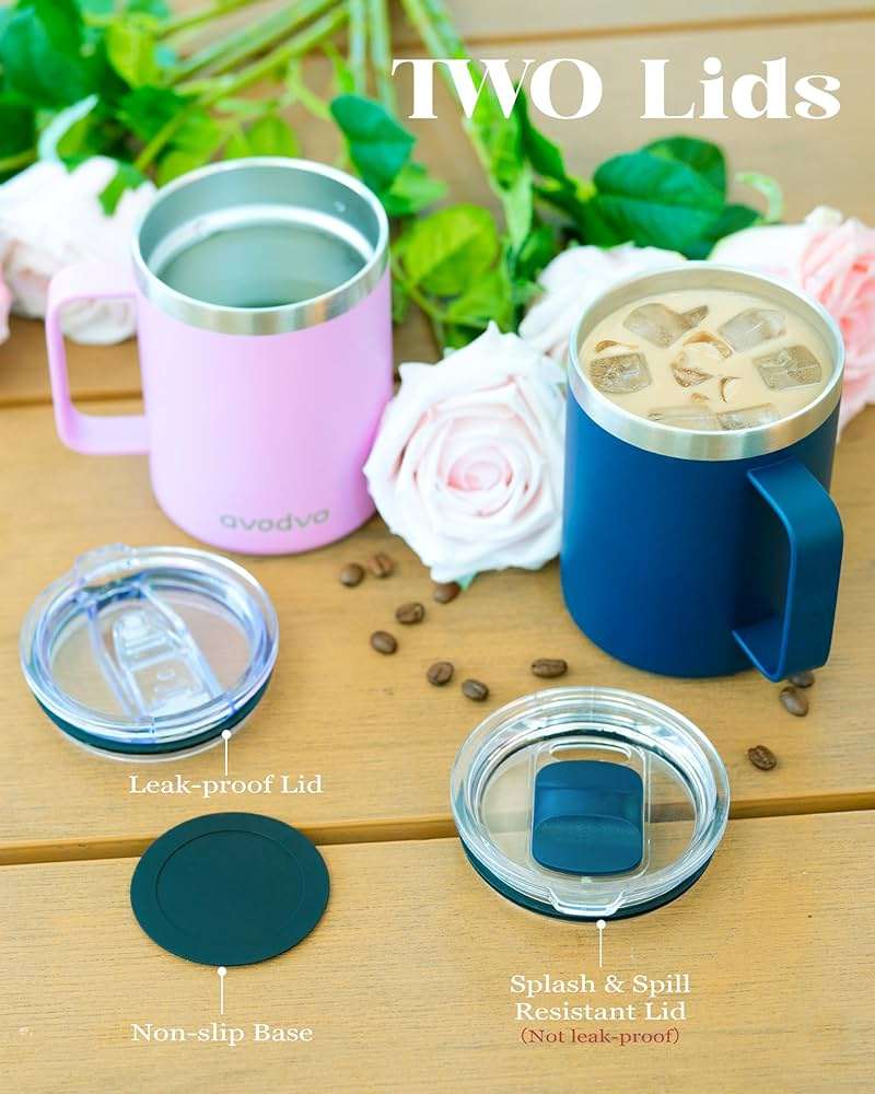 avodvo 12oz Insulated Coffee Mug with Lid – Includes Two Lids, Stainless Steel Coffee Travel Mug with Handle, Double Wall Vacuum Insulated Camping Mug for Home, Office & Outdoor, Black - Image 5