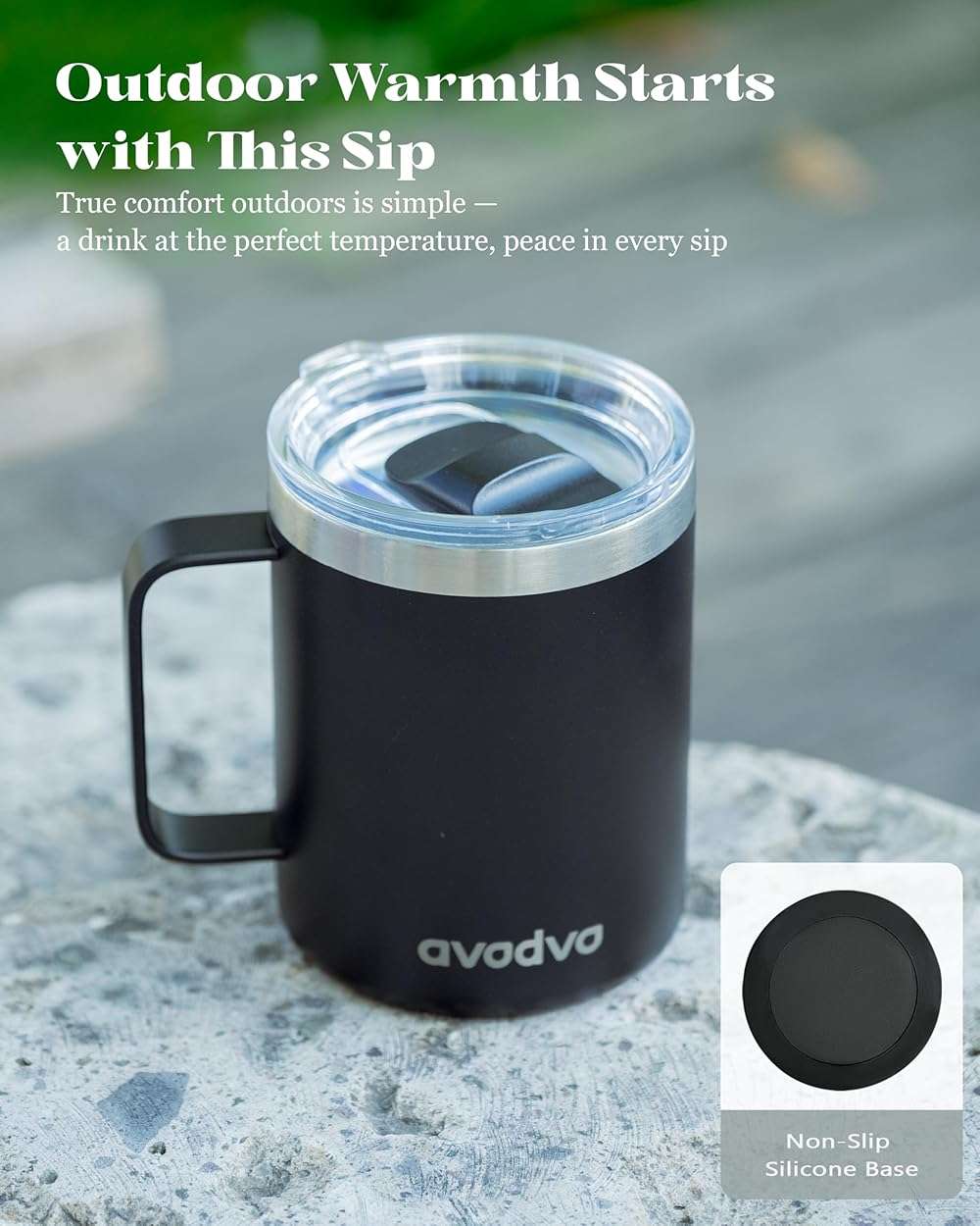 avodvo 12oz Insulated Coffee Mug with Lid – Includes Two Lids, Stainless Steel Coffee Travel Mug with Handle, Double Wall Vacuum Insulated Camping Mug for Home, Office & Outdoor, Black - Image 6