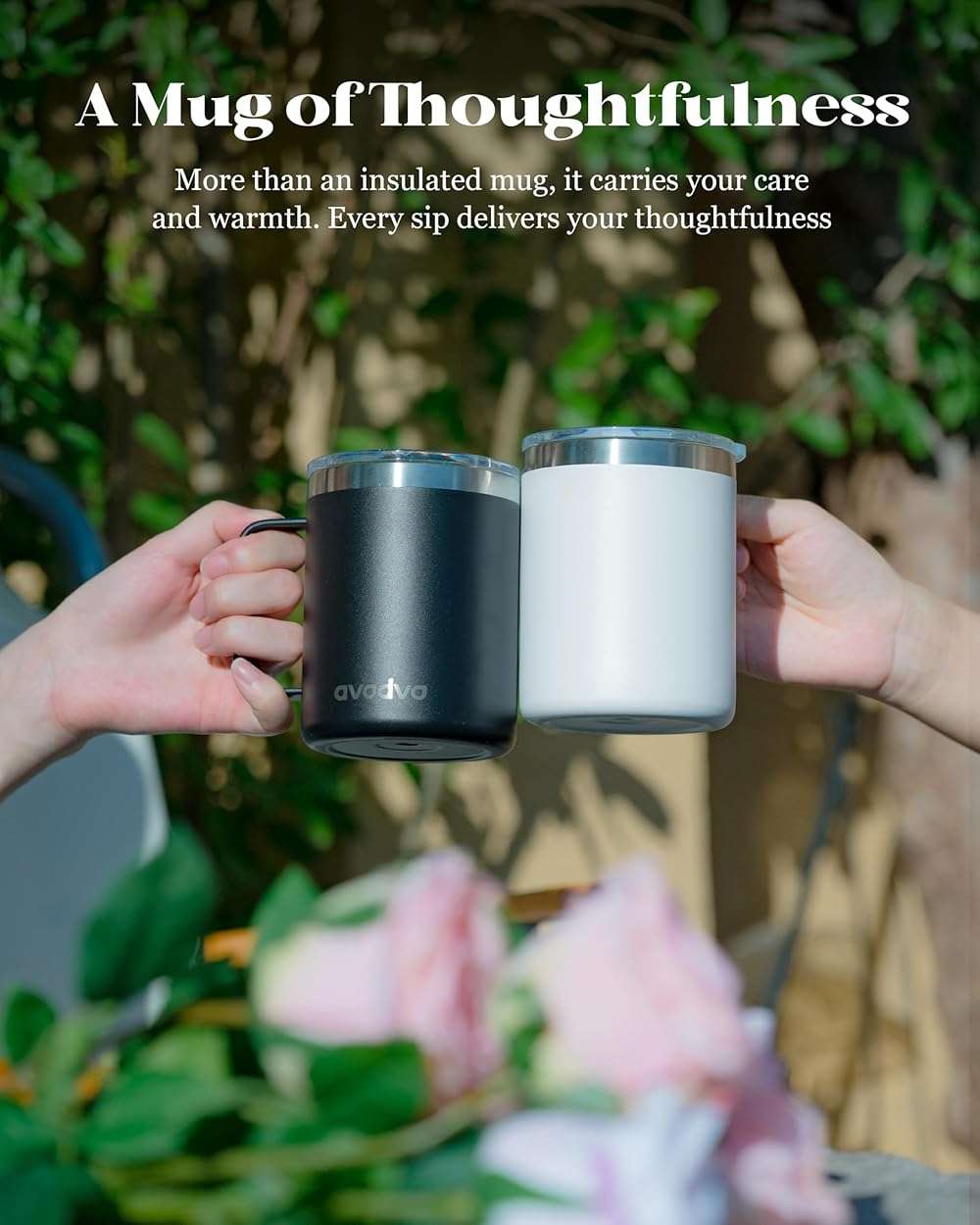 avodvo 12oz Insulated Coffee Mug with Lid – Includes Two Lids, Stainless Steel Coffee Travel Mug with Handle, Double Wall Vacuum Insulated Camping Mug for Home, Office & Outdoor, Black - Image 7