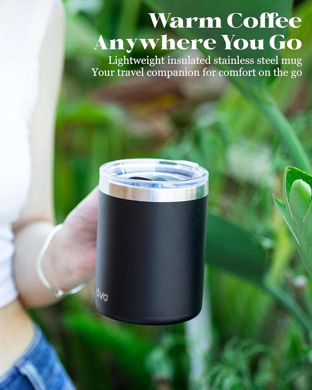 avodvo 12oz Insulated Coffee Mug with Lid – Includes Two Lids, Stainless Steel Coffee Travel Mug with Handle, Double Wall Vacuum Insulated Camping Mug for Home, Office & Outdoor, Black - Image 8