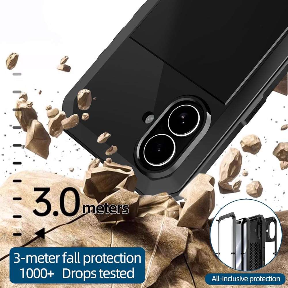 Marrkey Compatiable with iPhone 17 Case,360 Full Body Protective Cover Heavy Duty Shockproof [Tough Armour] Aluminum Alloy Metal Case with Silicone Built-in Screen Protector - Black - Image 6