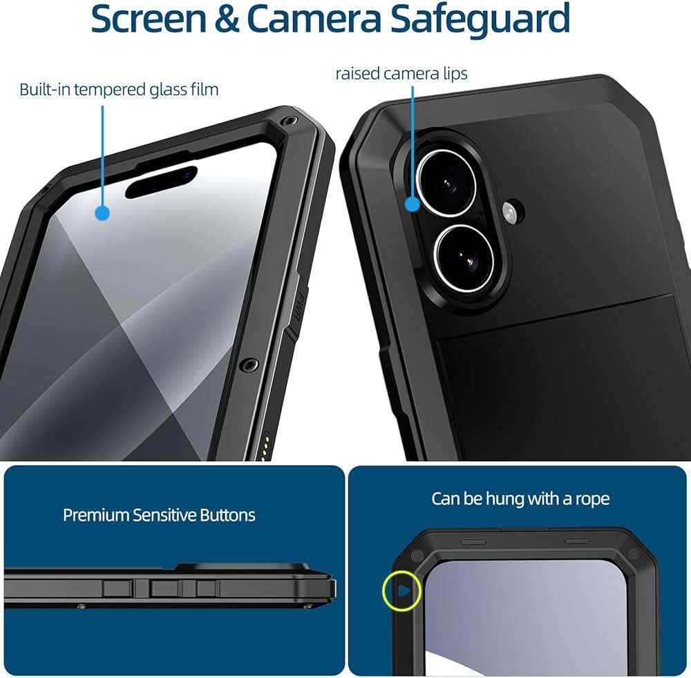 Marrkey Compatiable with iPhone 17 Case,360 Full Body Protective Cover Heavy Duty Shockproof [Tough Armour] Aluminum Alloy Metal Case with Silicone Built-in Screen Protector - Black - Image 7