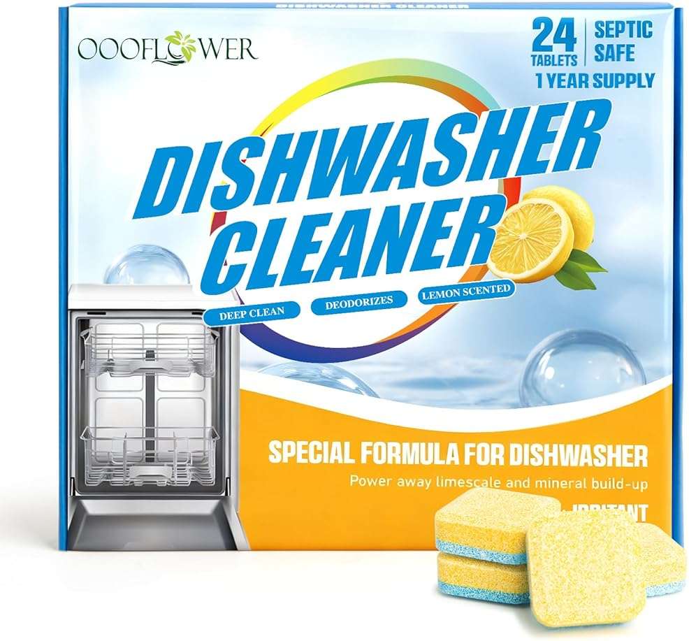 OOOFLOWER 24-count Dishwasher Cleaner Tablets, Deep Cleaning and Descaling Formula, Removes Odors, Scale, and Hard Water Residue, Maintains Dishwashers, Septic Tank Safe (Lemon Scent) - Image 1
