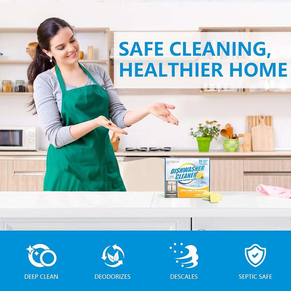 OOOFLOWER 24-count Dishwasher Cleaner Tablets, Deep Cleaning and Descaling Formula, Removes Odors, Scale, and Hard Water Residue, Maintains Dishwashers, Septic Tank Safe (Lemon Scent) - Image 6